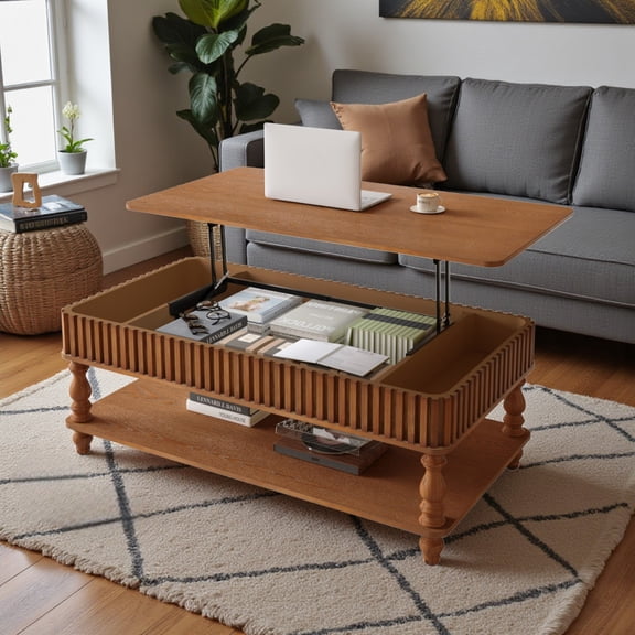 GZXS Rustic Wood Lift Top Fluted Coffee Table in Antique Brown, 2-Tier Rectangle Cocktail Tea Table with Roman Column Legs & Hidden Storage, 47.24 Inches