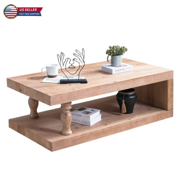 GZXS Rustic Wooden Coffee Table, 2-Tier Living Room Center Table with Open Shelf, 47" Farmhouse Cocktail Table for Home Dcor (Light Natural)