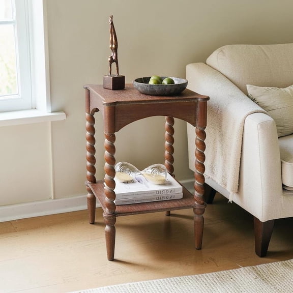 GZXS Rustic Wooden Side Table, 2-Tier Square End Table with Twisted Legs and Storage Shelf, 15.5" Accent Table for Living Room, Bedroom or Cottage Decor, Distressed Brown Finish
