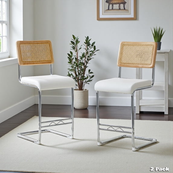 GZXS Set of 2 Counter Height Bar Stools with Rattan Back, White ...