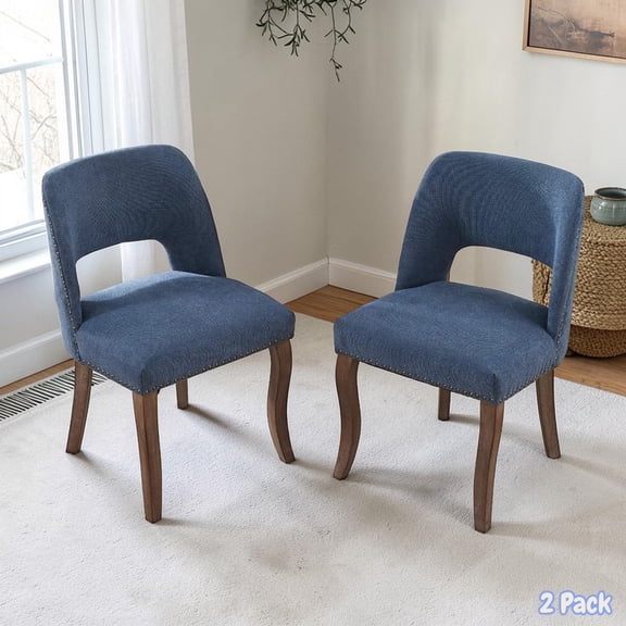GZXS Set of 2 Hollow-Back Dining Chairs, Fabric Upholstered Kitchen Side Chairs with Curved Solid Wood Legs and Copper Nail Trim Accent, for Dining Area or Living Space, Blue