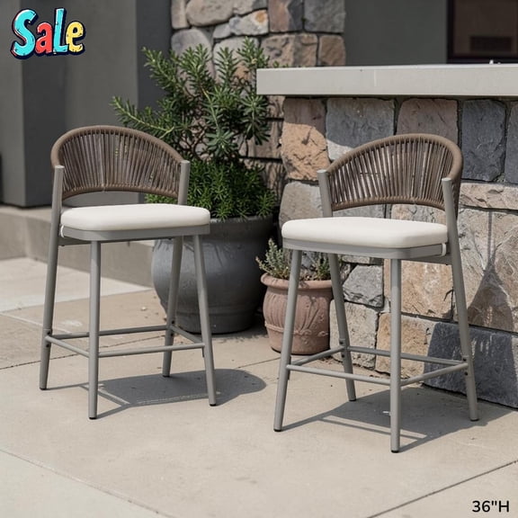 GZXS Set of 2 Outdoor Wicker Bar Stools with Seat Cushions, PE Rattan Patio Counter Chairs with Curved Back and Matte Gray Iron Frame, 26" Seat Height
