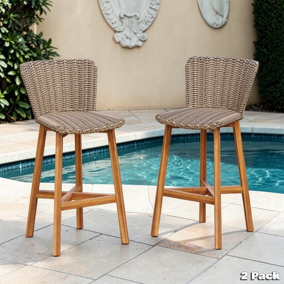 GZXS Set of 2 Patio Bar Stools, 26.7" Outdoor Counter Height Pub Chairs with Solid Acacia Wood Frame, PE Wicker Seat & Back, All-Weather Patio Kitchen Island Stools, Light Brown