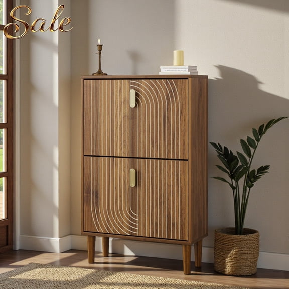 GZXS Shoe Cabinet with 2 Flip Drawers & Golden Metal Handles, Freestanding Entryway Storage Organizer in Brown, Easy Assembly, 23.62"L x 9.4"W x 37.7"H