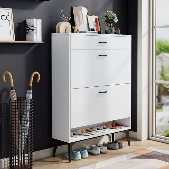 GZXS Shoe Cabinet, Shoe Rack Storage Organizer with 3 Drawers, Entryway Hidden Shoe Cabinet for Sneakers, Leather Shoes, High Heels, Slippers (White)