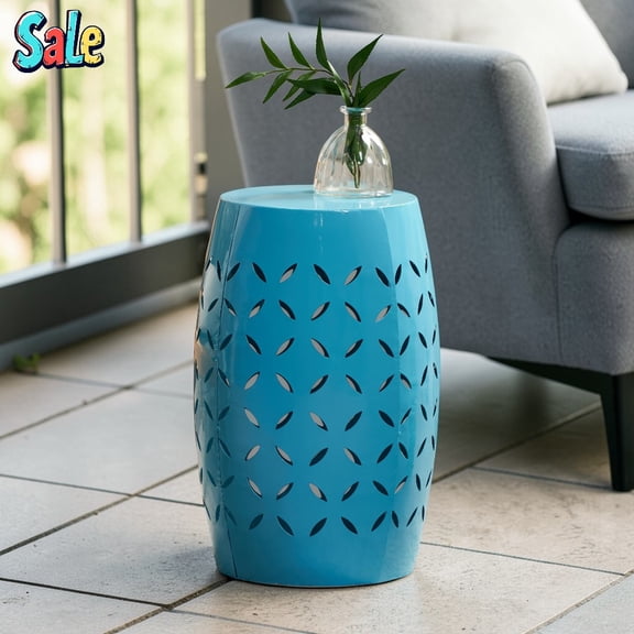GZXS Side Table, Outdoor Iron Drum Accent Table with Geometric Cutout Pattern, Weather-Resistant End Table for Patio, Garden or Living Room, 12.25"Dia x 17.75"H, Blue