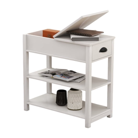 GZXS Slim Sofa Side Table with 180° Flip-Top Storage, Small Drawer and Open Shelf, Retro Nightstand for Small Spaces (White)