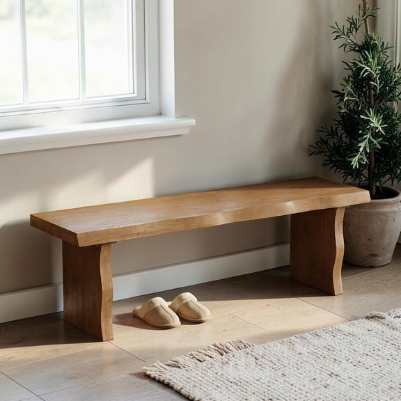 GZXS Solid Pine Dining Bench, Rustic Wood Bench with Wavyed Legs, Natural Finish, for Kitchen/Dining Room/Hallway/Foyer, 62.99"L x 14.96"W x 18.03"H
