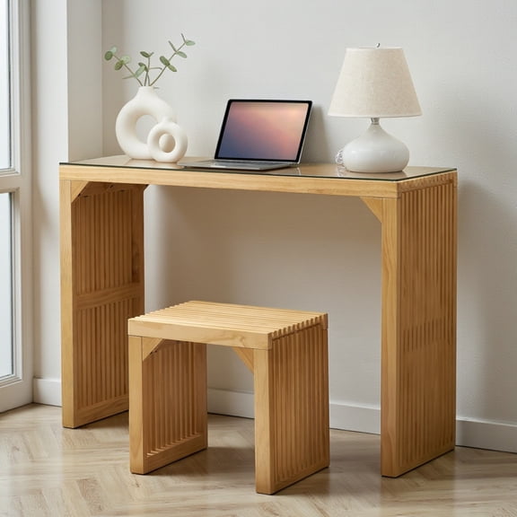 GZXS Solid Wood Dining Set with Glass Top, 2-Piece Compact Breakfast Table and Bench Set, Sturdy Pine Frame Furniture for Small Space Kitchen & Balcony (Natural)