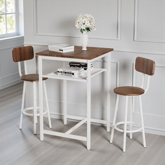 GZXS Square Pub Table Set, Industrial Bar Table with 2 Barstools & Backrest, 3 Piece Dining Room Set for Small Space, Breakfast Nook, Brown+White