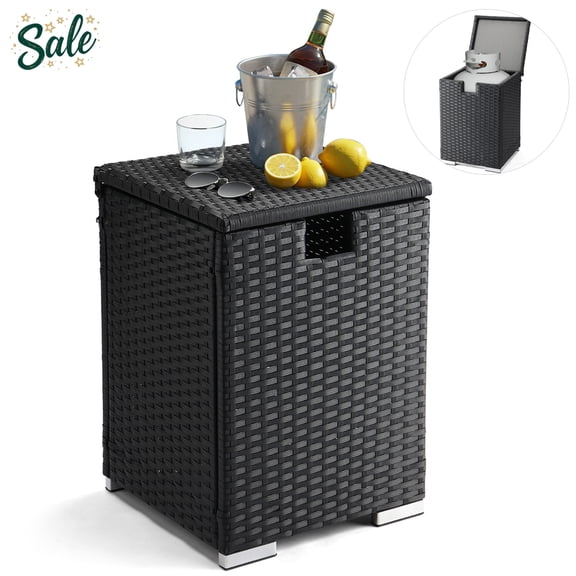 GZXS Square Rattan Storage Side Table with Iron Frame, 16-Gallon Hidden Gas Tank Storage End Table for Patio, Garden, Living Room or Balcony (Black)