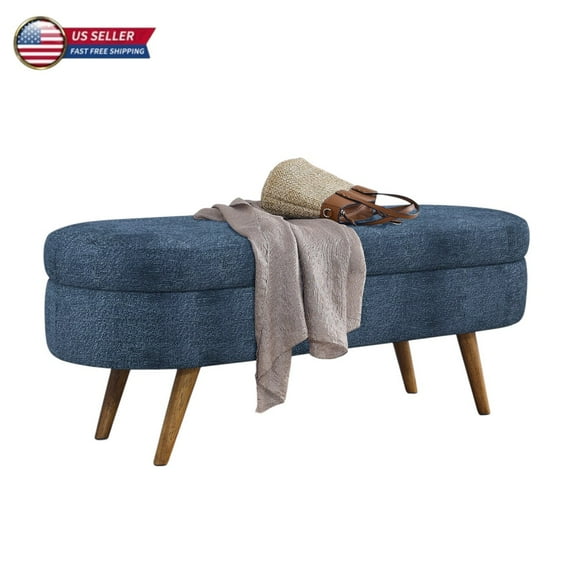 GZXS Storage Ottoman, 43.5 Inch Modern Oval End-of-Bed Bench for Bedroom, Foam Upholstered Footstool With Rubber Wood Legs for Living Room, Entryway (Dark Blue)