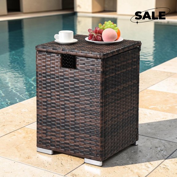 GZXS Storage Side Table, 2-in-1 Rattan Hideaway Propane Gas Tank Cover Table, Outdoor Wicker End Table for Patio, Deck, Garden, Backyard, Brown