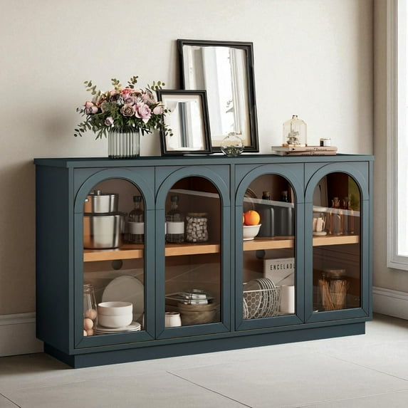 GZXS Storage Sideboard with 4 Arched Glass Doors & Adjustable Shelves, Handleless Design Floor Buffet Cabinet for Home Organization, 57.7"L x 14.8"W x 31.9"H, Navy
