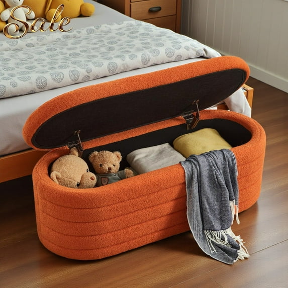 GZXS Teddy Upholstered Storage Bench in Orange, Modern Window Bench with Safety Hinge Lid, 43"Oval Ottoman for Living Room, Bedroom End of Bed, No Assembly