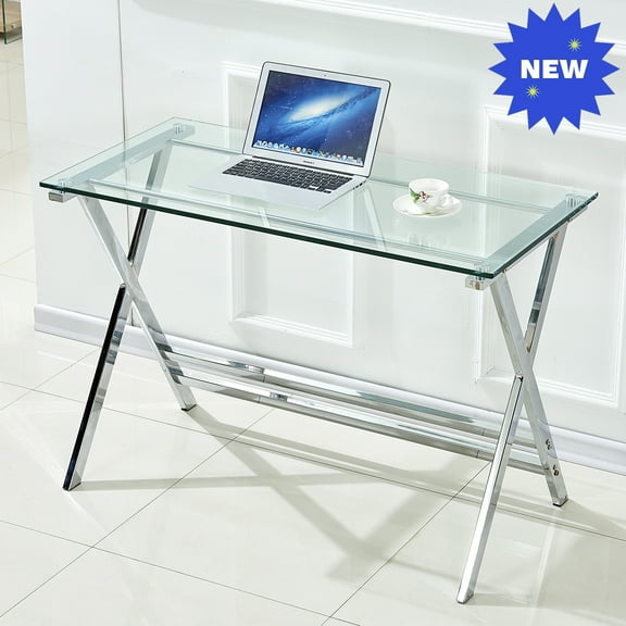 GZXS Transparent Tempered Glass Computer Desk with Rounded Edges, Scratch-Resistant Surface, Modern Minimalist Sofa/Study Writing Table 43.3"L x 21.6"W x 29.9"H