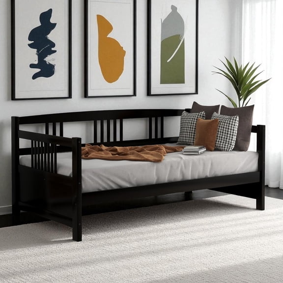 GZXS Modern Wood Twin Size Daybed, Multifunctional Sofa Bed Frame with Three-Sided Rail, Slatted Support, Espresso Finish - No Box Spring Needed