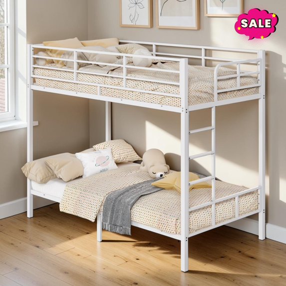 GZXS Twin Over Twin Size Bed Frame, Heavy Duty Metal Bed Frame with Ladder and Guardrail, No Box Spring Needed, White