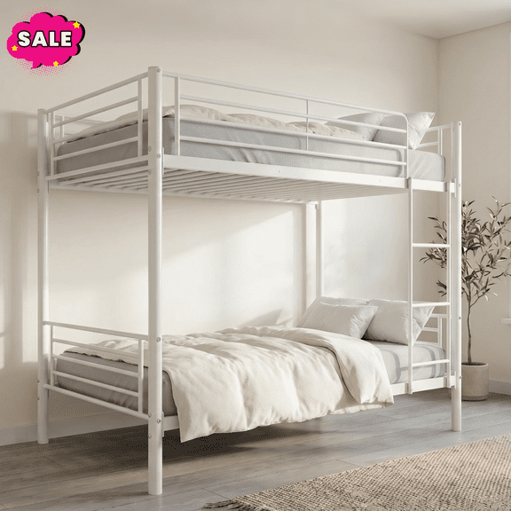 GZXS Twin Over Twin Size Bunk Bed, Heavy Duty Metal Bed Frame with Built-in Ladder & Full Length Guardrail, Space Saving, Easy Assembly, White