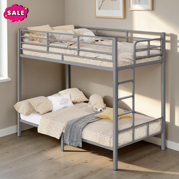 GZXS Twin Over Twin Size Bunk Bed, Heavy Duty Metal Frame with Built-in Ladder and Full-Length Guardrail, Easy Assembly, Gray