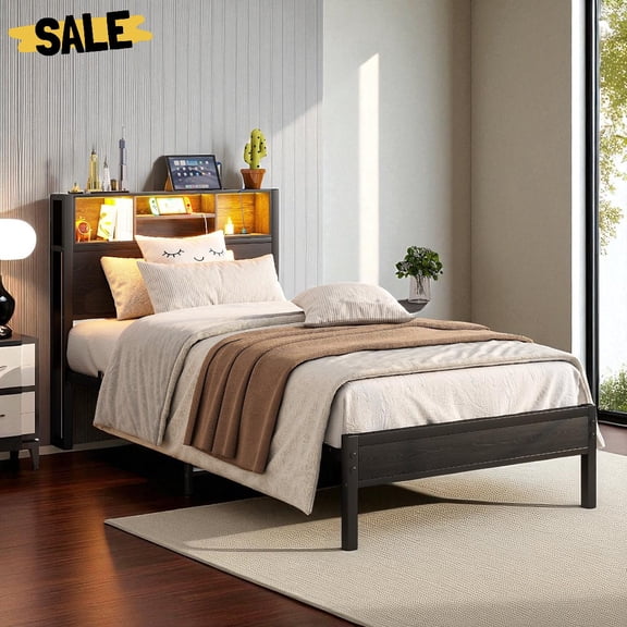 GZXS Twin Platform Bed Frame with Storage Headboard, Smart LED Lights & Power Outlets, Heavy Duty Steel Frame with Quiet Slats & Under-Bed Storage Space, Black