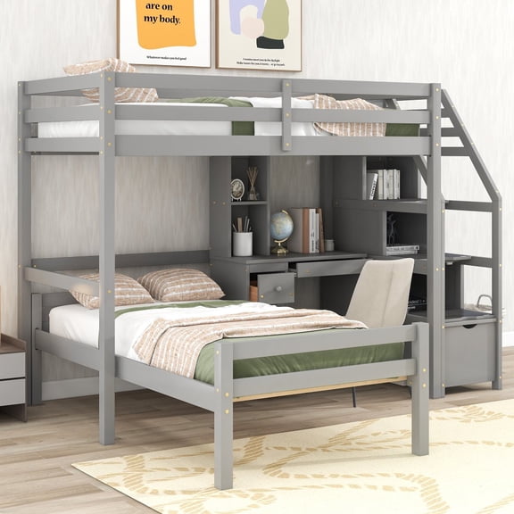 GZXS Twin Size Loft Bed with Desk, 3-Storage Staircase, Stand-Alone Bed, Shelves, Drawers and Guardrail, Space-Saving Wood Twin Bunk Bed, No Box Spring Needed, Gray