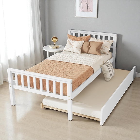 GZXS Twin Size Wooden Platform Bed with Trundle, Headboard & Footboard, No Box Spring Needed, Space-Saving Guest Bed for Bedroom, Small Apartments, White