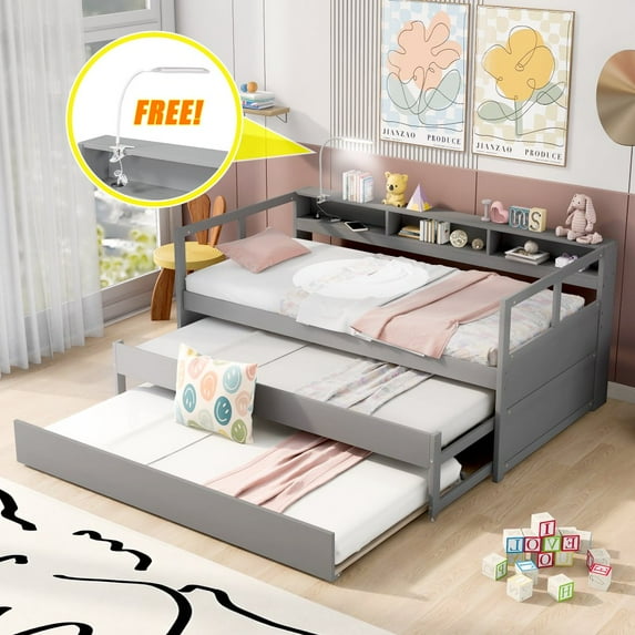 GZXS Twin XL Daybed, Wood Daybed Frame with 2 Trundles, 3 Storage Cubbies, 1 Light for Free and USB Charging Design, Gray