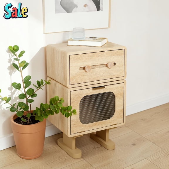 GZXS Unique Robot Nightstand with Rotating Top & Glass Flip Door, 2-Tier MDF Side Table with Wooden Handles, Modern Playful Storage End Table for Bedroom, Living Room (Natural)