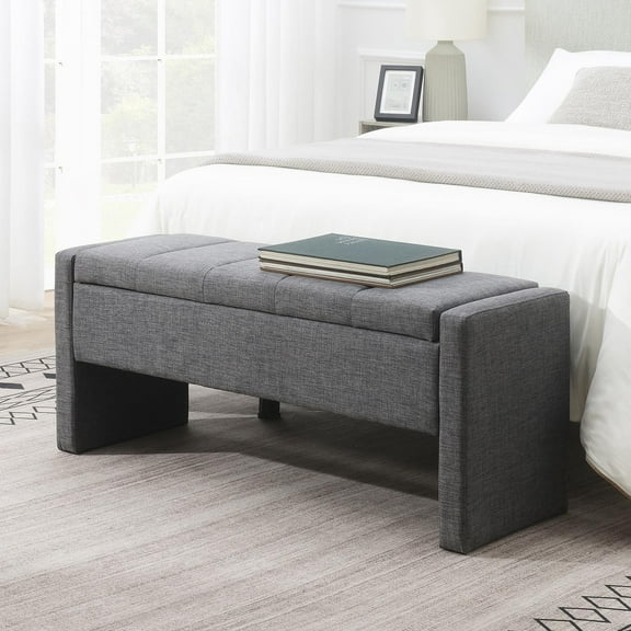GZXS Upholstered Linen Storage Ottoman Bench with Lift Top and Safety Hinge, Modern Comfy Window Vanity Bench, for Living Room, Bedroom, Entryway (Dark Gray)