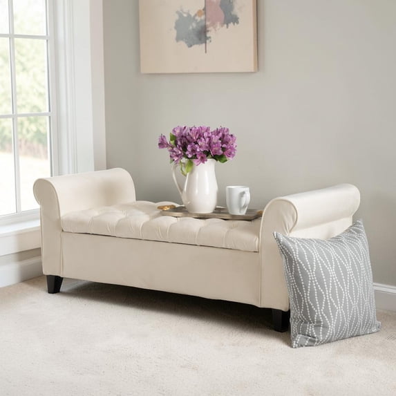 GZXS Upholstered Storage Bench, 50"W Button-Tufted Linen Bench with Rolled Arms & Lift-Top Storage Compartment, for Entryway, Bedroom, Living Room (Ivory)