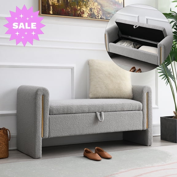 GZXS Upholstered Storage Bench, 52.3-inch End of Bed Bench, Storage Ottoman with Arms, Easy Assembly, Teddy Fabric, Gray