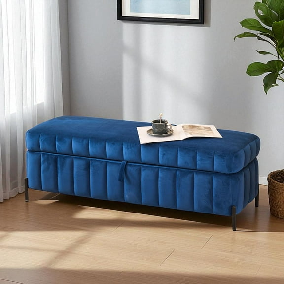 GZXS Upholstered Storage Bench in Navy Velvet, 49" Soft Footstool Ottoman with Metal Legs and Hidden Compartment for Living Room, Bedroom, Entryway
