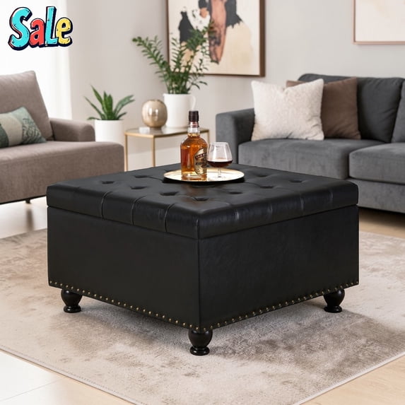 GZXS Upholstered Storage Ottoman in Black PU, Button-Tufted Large Footrest with Wooden Spindle Legs, Flip-Top Storage Box, Easy Assembly