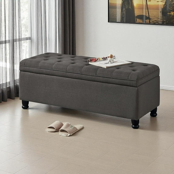 GZXS Upholstered Tufted Storage Bench in Dark Gray Linen Fabric, Entryway Shoe Bench with Solid Wood Spindle Legs & Hidden Storage - 45"L x 18"W x 18"H