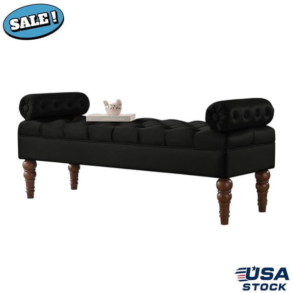 GZXS Upholstered Velvet Bench with Round Armrests, Tufted Seat and Solid Wood Spindle Legs, 51.5"L x 17.25"W x 23"H, Black