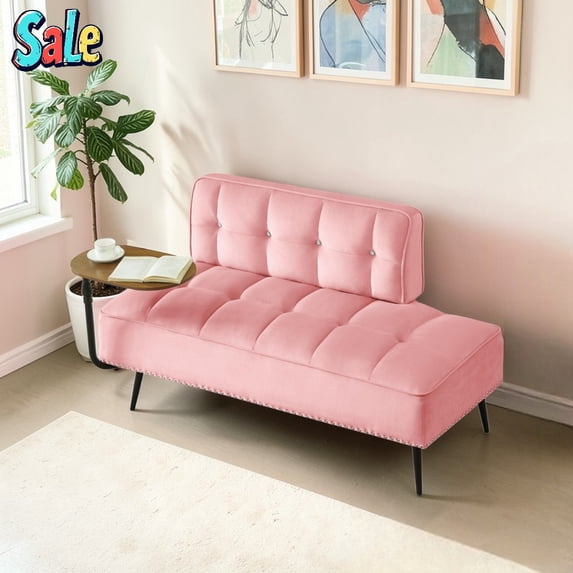 GZXS Upholstered Velvet Sofa Bench with Built-in Swivel Table, Tufted Backrest, Copper-Nail Accents, Modern Multi-Purpose Seat, 54"L x 24.8"W x 32.6"H, Pink