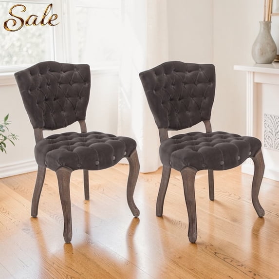 GZXS Velvet Dining Chairs Set of 2, Traditional Upholstered Side Chairs with Button Tufting & Wood Legs, 275lbs Weight Capacity, Charcoal