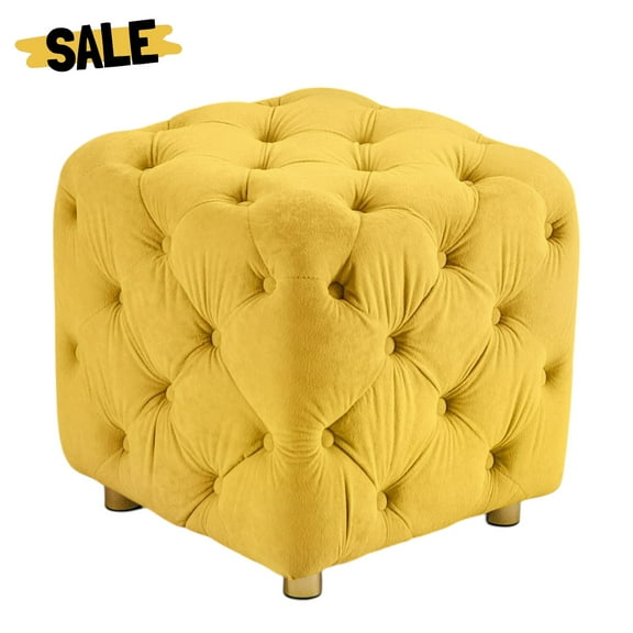 GZXS Velvet Upholstered Ottoman Foot Stool, Square Vanity Chair with Soft Foam Seat, Modern Accent End Table for Small Space (Yellow)