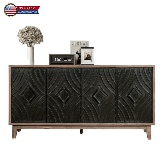 GZXS Vintage Buffet Cabinet with 4 Textured Pattern Doors, Antique Black Storage Sideboard with Solid Wood Legs, 60"L x 15.56"W x 32.28"H