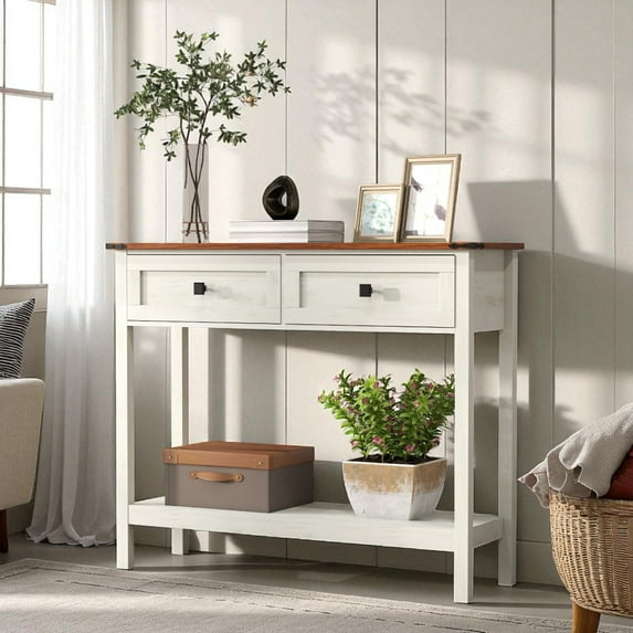 GZXS Vintage Console Table in Antique White, Wooden Storage Sofa Table with Two Drawers and Open Shelf, 39.37"L x 11.61"W x 32.08"H