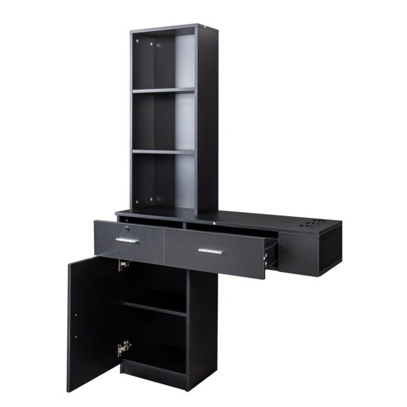 GZXS Wall Mount Barber Stations, Modern Simple Hair Styling Salon Equipment W/ 3 Open Shelves, Lockable Left Shelf (Black)