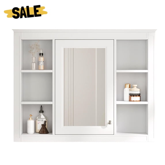 GZXS Wall-Mounted Bathroom Medicine Cabinet with Mirror, Adjustable Interior Shelf & 6 Open Compartments – 35" x 27.5" Storage Cabinet for Vanity, Bathroom, Bedroom (White)