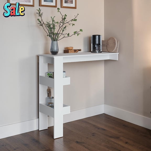 GZXS Wall-Mounted Pub Table, 47" Modern Bar Table with Storage Shelf, White Finish, for Home Bar Kitchen Counter