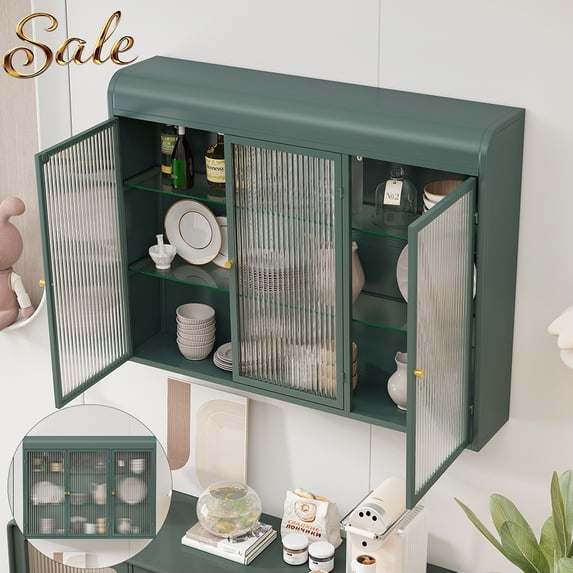 GZXS Wall Mounted Storage Metal Cabinet, 3-Door Modern Display Cabinet with Glass Doors, 35.45 Inch Home Organizer for Kitchen, Bathroom or Living Room (Dark Green)