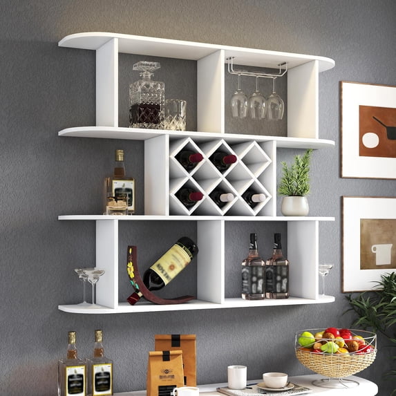 GZXS Wall Mounted Storage Rack with Wine Bottle Holder and Glass Rack, 4-Tier Wooden Shelf for Dining Room & Home Bar Decor, 47.24"L x 9.06"W x 40.75"H, White