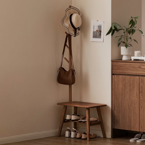GZXS Walnut Shoe Rack Bench with Integrated Coat Hanger, Solid Beech Wood Entryway Organizer & Seating for Hallway & Living Spaces, 31.5"L x 13.78"W x 65.75"H