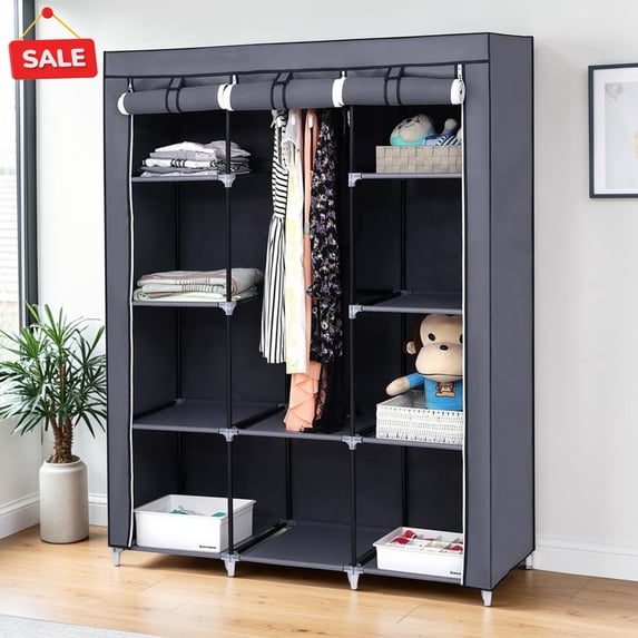 GZXS Wardrobe Closet, Quick and Easy Assembly, Portable Clothes Rack with Hanging Rod and Non-Woven Fabric Cover for Bedroom, Gray