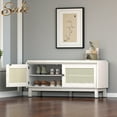 thumbnail image 1 of GZXS White 2-Tier Storage Bench, 43" Wide Shoe Bench with Thickened Seat Cushion, 2 Rattan Doors and Adjustable Shelf, for Entryway, Living Room, Bedroom, 1 of 10