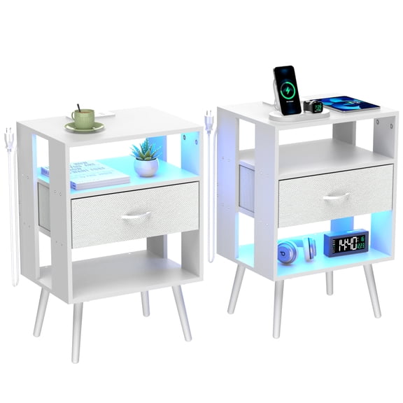 GZXS White Nightstands with USB Ports & AC Outlets, Set of 2 - LED Bedside Tables with Storage Drawer, Remote Control Light, for Bedroom/Living Room, 15.75"L x 11.81"W x 23.62"H